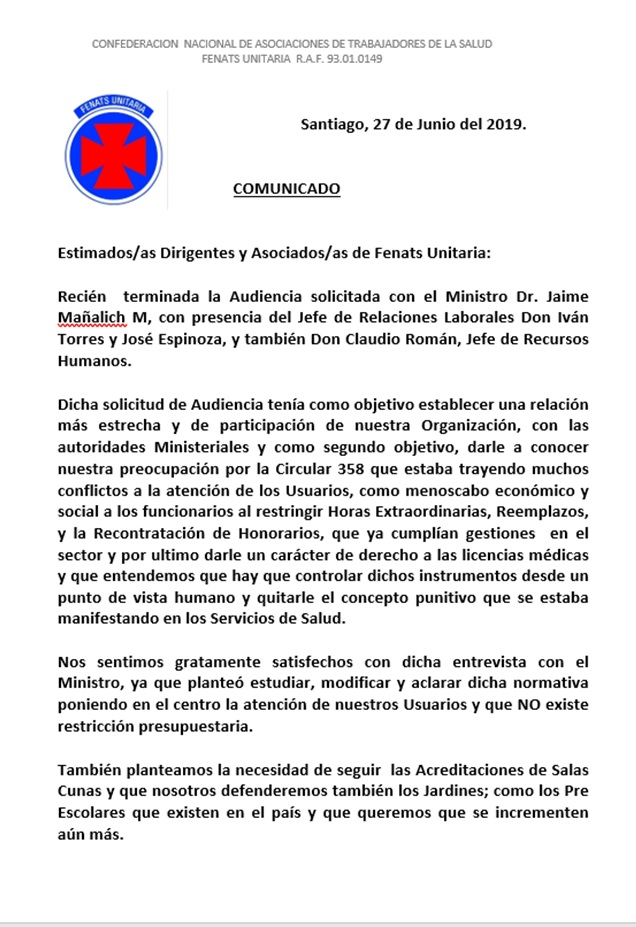 Reunión con Ministro de Salud 27 de junio 2019