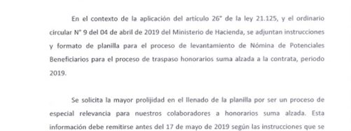 Ord N 2113 – Proceso Traspaso Honorario a Contrato 2019