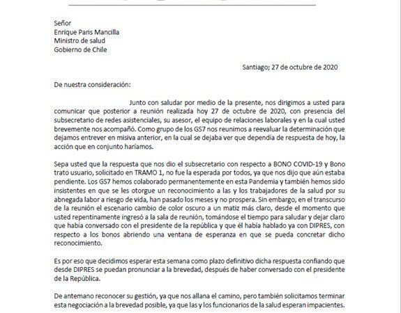 CARTA DE LOS GREMIOS AL MINISTRO DE SALUD DR. ENRIQUE PARIS 27 de Octubre 2020