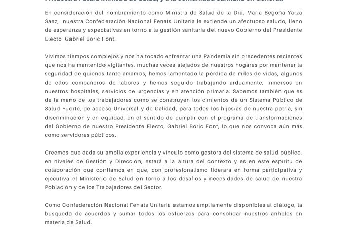 Saludos protocolares Ministra Electa Dra. María Begoña Yarza Sáez